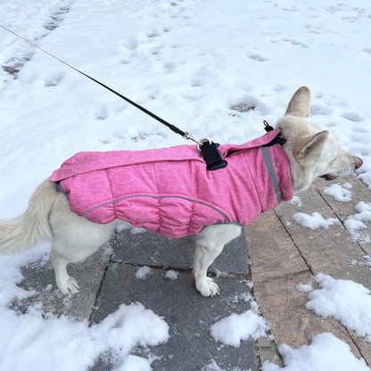 Dog Coat, Reflective Dog Jacket Waterproof Windproof Puppy Cold Weather Coats with Harness Built in, Winter Extra Warm Pet Coat Fleece Vest for Small Large Pets and Puppy(Pink, Medium) - color: Pink, size: Medium