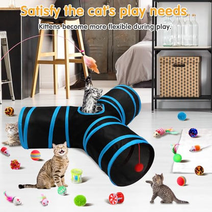 Poen 22pcs Cat Kitten Toys Set with 2 Collapsible Cat Tunnel and 20 Interactive Kitty Feather Toy, Fluffy Mouse, Crinkle Balls, for Kitten Puppy(Blue, Black) - color: Blue, Black