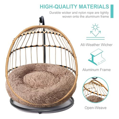 SWITTE Cat Hammock Chair Bed - Removable & Washable Cushion, Hanging Rattan Swing for Indoor Outdoor Cats & Small Dogs, Adjustable Pet Swinging Hammock with 3 Modes - Khaki - color: Khaki