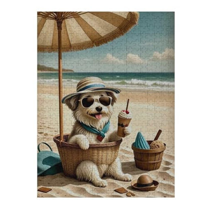 Havanese Dog at The Beach 1000-Piece Wooden Jigsaw Puzzle, Playful Dog Illustration, Family Entertainment, Cozy Indoor Fun - color: #2