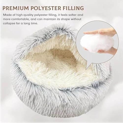 Cat Bed Round Fluffy Hooded Cat Bed Cave, Anti-Anxiety Cave Bed with Hooded Blanket, Cozy Cuddler Luxury Puppy Pet Bed, Anti-Slip Bottom and Machine Washable (Grey, Medium) - color: Grey, size: Medium