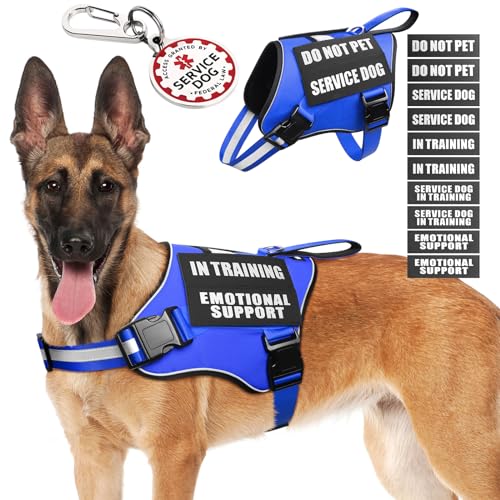 Service Dog Vest Harness+ID Tag+10 Patches,Metal Serivce Dog Tag&Reflective Emotional Support Dog Vest with Handle for Large Dogs,Easy Put On/Off for Training/Walking/Everyday Blue L - color: Blue, size: L