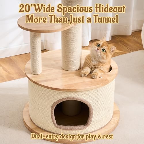 64.2" Modern Cat Tree for Indoor Cats, Solid Wood Cat Tower with Chunky Scratching Posts, 20" Roomy Condo, Cat Bed, Hammock, Capsule Nest, Interactive Squeaky Toy, Multi-Level Cat Furniture - color: 64.2"Natural