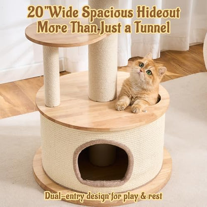 64.2" Modern Cat Tree for Indoor Cats, Solid Wood Cat Tower with Chunky Scratching Posts, 20" Roomy Condo, Cat Bed, Hammock, Capsule Nest, Interactive Squeaky Toy, Multi-Level Cat Furniture - color: 64.2"Natural