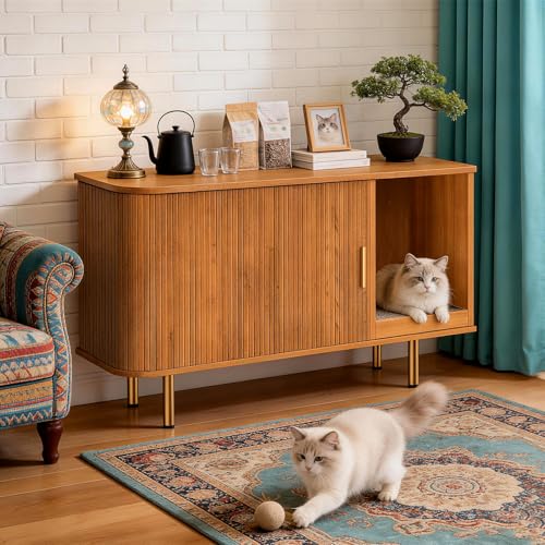 DHH Cat Litter Box Enclosure with Scratch Pad, Sliding Door, 38.5" Cat Litter Furniture Hidden Litter Box Cabinet, Modern Indoor Cat House, TV Stand, Side End Table for Living Room(Yellow Walnut) - color: Yellow oak
