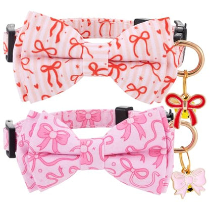 2 Pack Breakaway cat Collar with Bow Tie and Bell,Adjustable Soft Cotton Pet Collar with Pink and Red Bow Patterned Design for Kitten Adult Cats (Pink&Red Bow) - color: Pink&Red Bow