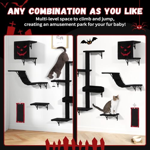 5 Pcs Wall-Mounted Climber Set, Wood Indoor with Shelves and Perches, Ladder, Condo House, Scratching Board and Tree, Wall Shelves Furniture for Cats (Black&Red) - color: Black&Red