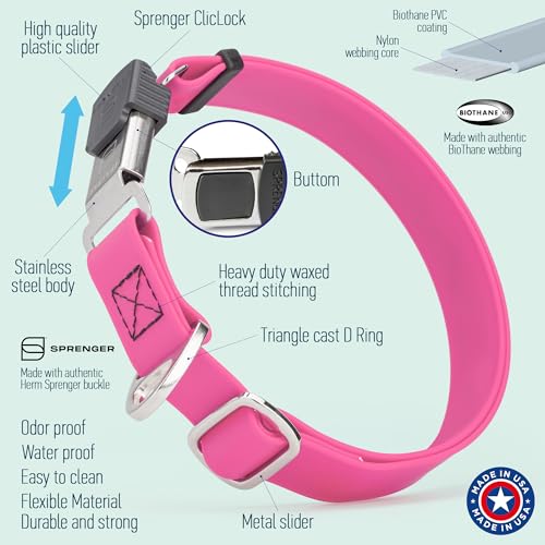 Biothane Waterproof Durable Dog Collar with Herm Sprenger - Quick Release ClicLock Buckle - Fits Medium and Large Dogs - Made in USA (Passionfruit Pink, W 1" x L 15"-25") - color: Passionfruit Pink, size: W 1" x L 15"-25"