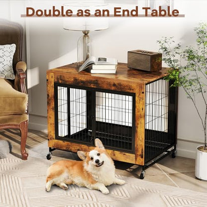 PETSITE Portable Dog Crate Furniture, 38 Inch Wooden Dog Kennel Side Table with Flip-up Top, 3 Lockable Doors and Removable Tray, Ideal for Small to Medium Dogs (Rustic Brown) - color: Rustic Brown