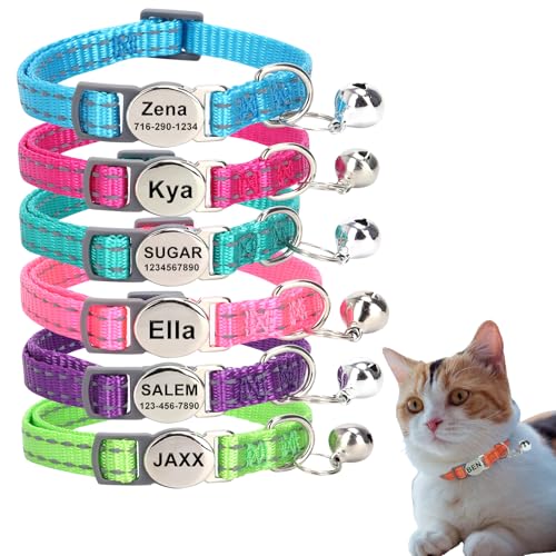 Personalized Engraved Cat Collar|Breakaway Safety Round Buckle|Reflective Adjustable Collar with ID Name Tag & Bell for Kittens & Puppies Cats,Red (7.5'' - 12'')