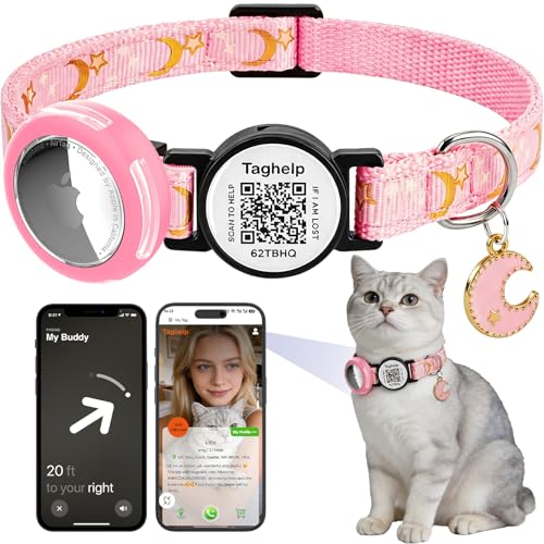 Waterproof Airtag Cat Collar, Breakaway with Stars and Moon with AirTag Holder for Apple. Solid & Safe, Pet Collar, Smart ID tag Cat Collar, Scan QR for Instant Location Alerts.NO APP (Pink B) - color: Stars & Moons - Pink