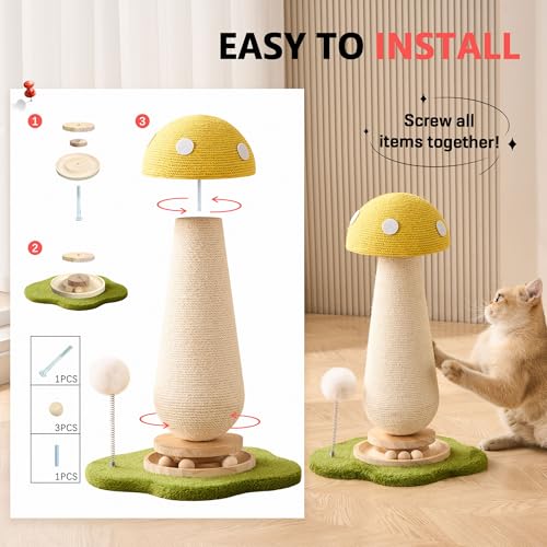 Mushroom Cat Scratching Post Cat Tree, 21.5‘’ H Cute Cat Scratcher Tower with Durable Solid Wood Turntable Toy, Lemon Yellow Mushroom Scratch Post Cat Sisal Scratcher with Catnip for Indoor Cats - color: Yellow Mushroom