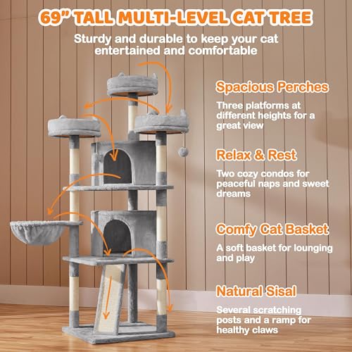 Yaheetech | 68.5in Cat Tree | for Large Cats | Multi-Level Cat Tower with 3 Wide Perches, Large Condo | Stable Pet Play House w/Sisal-Covered Scratching Posts & Board | Light Gray - color: Light Gray, size: 68.5in