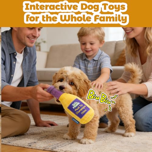 Champagne Bottle Squeaky Crinkle Dog Toy - Interactive Plush Chew Toys for Puppy Teething, Small Dogs, Aggressive Chewers and Keeping Busy - color: Yellow - Champagne Bottle