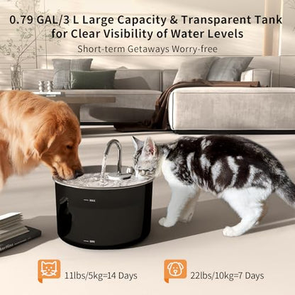 Vividorama Cat Water Fountain Stainless Steel Lid, Corded 3L/101oz Pet Water Fountain, Dog Waterer with Quiet Pump and 4-Layer Filtration for Cats and Dogs