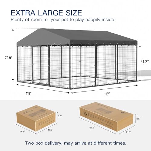 Kullavik 10x10x6 FT Large Outdoor Dog Kennel,Anti-Rust Galvanized Steel Dog Pen with Double Locks,Heavy Duty Dog Enclosure Fence with UV & Water Resistant Roof Cover for Outside - size: 118"L x 118"W x 70.9"H