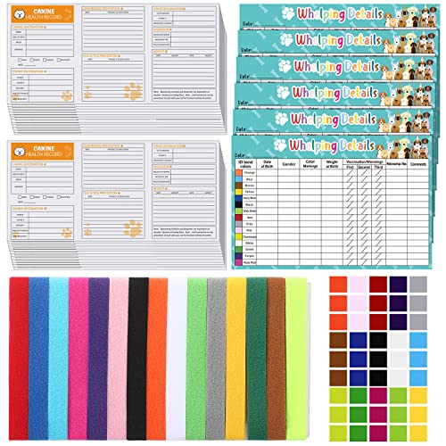 47 Pcs Newborn Puppy Collars Kit Includes 15 Pcs Puppy Whelping Collars Super Soft Nylon Adjustable Whelping ID Bands with Colors Matching Stickers and 25 Vaccination Record