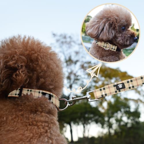 Dog Collar and Leash Set,Soft Neoprene Pet Collar with Quick Release Buckle,Adjustable Nylon Dog Collars for Small Medium Large Dogs(Large,Cherecked Beige) - color: Checkered Beige, size: Large