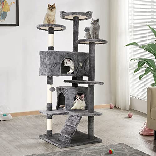70'' Tall Multi-Level Cat Tree for Indoor Cats, Furniture With Scratching Post, Platform, Condo, Tower With Funny Toy, Corner Tree for Medium Cats - color: Ashy