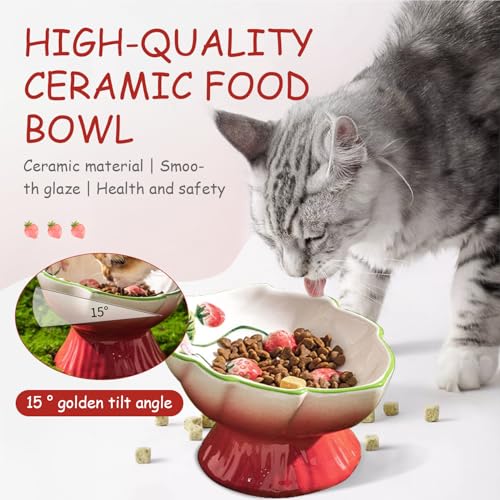 Ceramic Strawberry Elevated Cat Bowls, Tilted Raised Pet Dish for Anti Vomit, Spine Protection, Whisker Friendly - Excellent Raised Food and Water Bowl for Indoor Cats, Flat-Faced Cats (Red) - color: Red