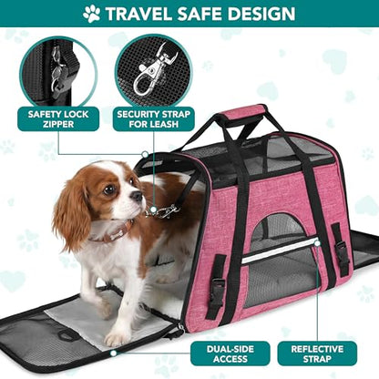 PetAmi Airline Approved Pet Carrier for Cats & Small Dogs, Soft Sided TSA Travel Carrier Bag Sherpa Bed, Breathable Mesh Ventilation, Collapsible Bowl, Fit Under Seat, Up to 18 lbs, Large Heather Pink - color: Heather Pink, size: Large - 19.5"L x 10.2"W x