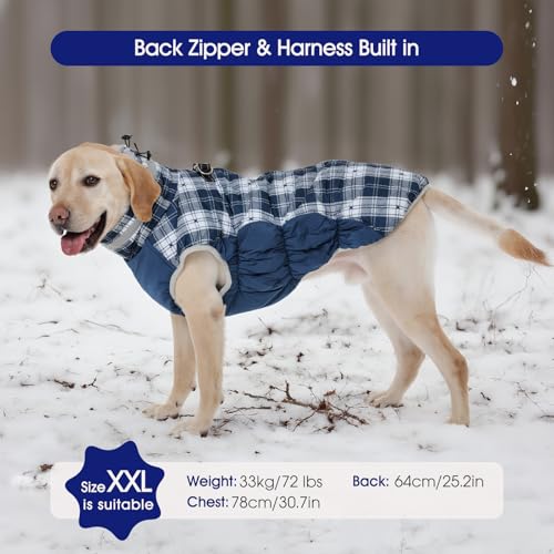 FUAMEY Dog Coat for Small Dogs,Waterproof Dog Winter Jacket with Harness Built in Puppy Cold Weather Coats Reflective Pet Vest with Zipper Warm Fleece Dogs Snowsuit Windproof Blue Plaid XS - color: Blue Plaid, size: XS(chest:14in)