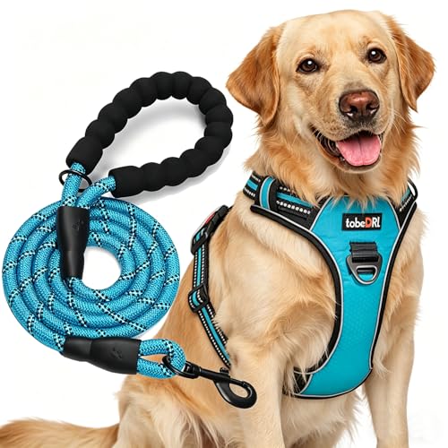 tobeDRI No Pull Dog Harness Adjustable Reflective Oxford Easy Control Medium Large Dog Harness with A Free Heavy Duty 5ft Dog Leash - color: Blue Harness+Leash, size: Large