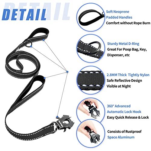 Strong Heavy Duty Dog Leash - 5ft Reflective Nylon Training Leash with Soft Padded Double Handle & Auto Lock Frog Clip - Safety Traffic Control for Large Medium Small Dogs No Pull Walk Black Black,5ft - color: Black Black, size: 5FT x 1" x 2.8MM