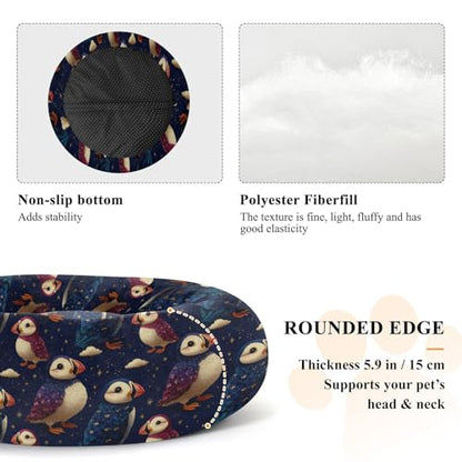 Pet Bed Puffins Blue Purple Cat Snuggler Soft Winter Cushion, Cozy Round Bolster Nest for Indoor Kittens & Small Pets 15" - size: X-Small