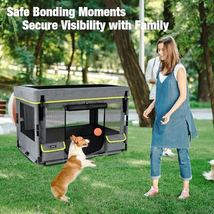 Durable Dog Playpen with Iron Frame, Heavy-Duty Pet Tent with Waterproof Base & Mesh Sides for Indoor Outdoor Use, Grey - color: Grey
