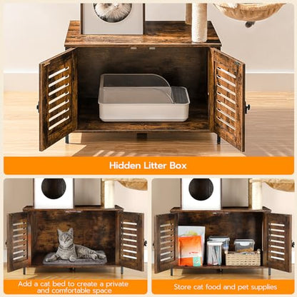 HOOBRO Cat Tree with Litter Box Enclosure, Scratching Posts, Litter Box Enclosure Furniture for Indoor Cats, All-in-One Wooden Cat Tower Condo House with Cat Hammock, Rustic Brown BF14MZ03 - color: Rustic Brown