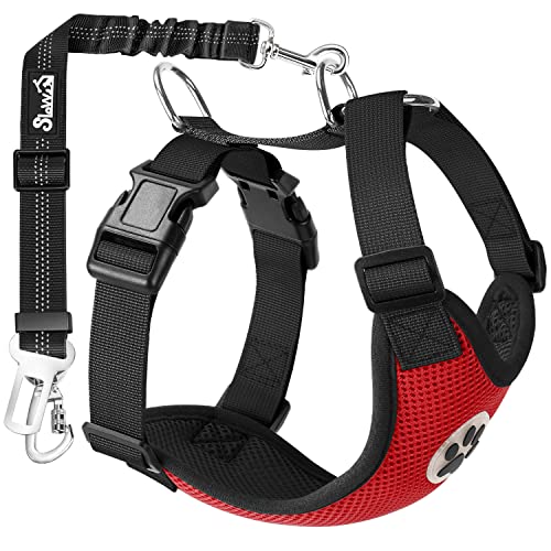 SlowTon Dog Seat Belt Harness for Car, Dog Car Harness Adjustable Mesh Breathable & Dog Seatbelt Safety Tether with Elastic Bungee for Small Medium Large Pets(Red, Double Clip, XXXS) - color: B-Red, size: XXX-Small