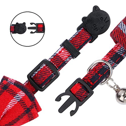 Faleela 2 Pack/Set Cat Collar with Cute Bow Tie and Bell,Breakaway Plaid Shirt Collar for Kitty Adjustable Safety - color: 2023new-Red