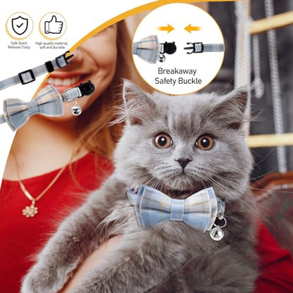 2 PCS Cat Collar Bow Tie, Plaid Bowtie Cat Collar, Breakaway Cute Cat Collar with Bells, Adjustable Bowtie Collars for Boy Kitten Puppy and Small Pets