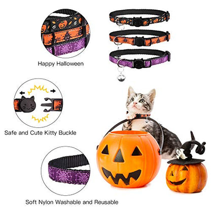 3PCS Halloween Breakaway Cat Collars with Bell Safety Adjustable Soft Nylon for Kitten Collars