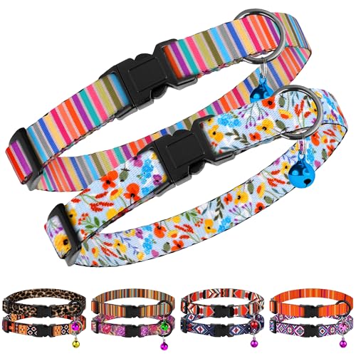 2 Pack Cat Collars with Bell - Breakaway Soft Collar for Girl & Boy Cats, Adjustable Safety Cute Kitten Collars – Comfortable Stylish Patterned Print Design Lightweight (Floral + Striped) - color: Floral + Striped