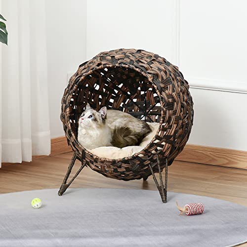 PawHut 20.5" Weaved Cat Bed, Elevated Hand-Woven Braided Banana Leaf Kitten House Condo with Cushion, Brown - color: Brown