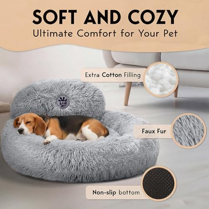 PetJett Calming Dog Bed Medium Size Dog - 30'' Donut Bed, Washable Dog Bed - Anti-Slip Super Soft Fluffy Plush Round Bed, Anti-Anxiety Premium Comfort Pet Bed, Fits Dogs up to 45 lbs - Bright Grey - color: Bright Grey, size: Medium - 30”L x 30”W x 8”Th