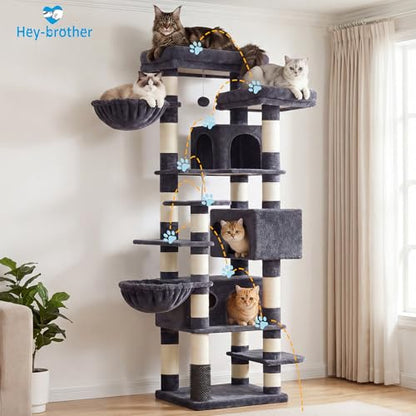 Hey-brother Cat Tree, 74 inches Multi-Level XL Large Cat Tower for Indoor Cats with Three Cat Condos, Two Large Top Decks and Cat Hairbrushfor Kittens, Cats and Pets, Smoky Gray MPJ035-MG - color: Smoky Gray
