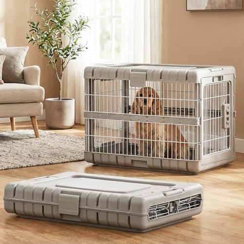 ZOMISIA Collapsible Dog Crate for Dogs - 28" L Heavy Duty Dog Kennel No Tools Required with 4 Sides Steel Foldable Cage for Dogs Indoor Furniture, Portable Carrier with 2 Smooth Wheels, Beige - color: Beige, size: 27.95 x 18.9 x 21.65 in