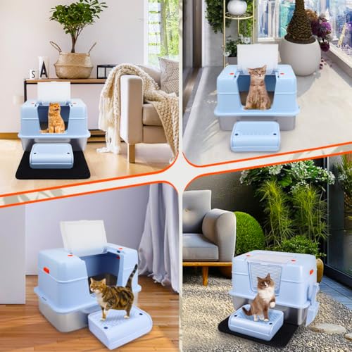 Vivifying Stainless Steel Litter Box with Lid, XL Side Entry Extra Large Litter Box for Big Cats & Kitty, Removable Enclosed Metal Cat Pan with High Sided Enclosure, Scoop, Mat, Footboard (Blue) - color: Blue