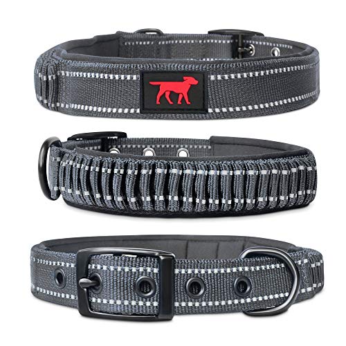 Tuff Pupper Heavy Duty Dog Collar with Handle | Ballistic Nylon Heavy Duty Collar | Padded Reflective Dog Collar with Adjustable Stainless Steel Hardware | Convenient Sizing for All Breeds - color: Steel Grey, size: Medium/Large (14 - 18" Neck)