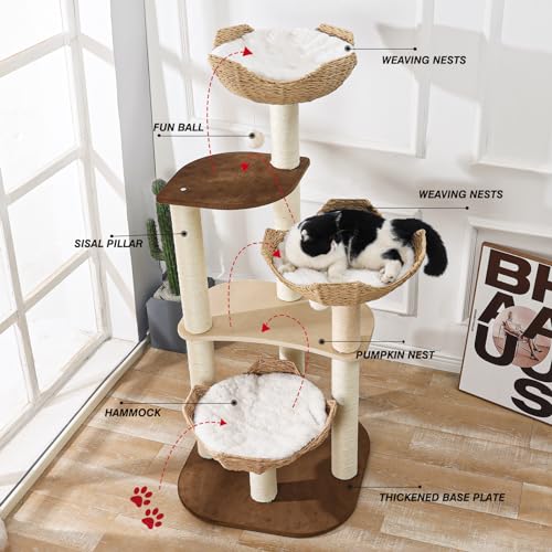 Big Modern Design Cat Tree Tower with White Cloud Mat, Unique Cat Supplies Tower with Scratching Post, Cute Wood Cat Tree Cat Furniture Activity Centre for Indoor Big Cats - color: K-903