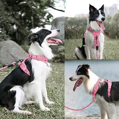 PoyPet No Pull Dog Harness and 5 Feet Leash Set, Release on Neck Reflective Adjustable Pet Vest, Front & Back 2 D-Ring and Soft Padded Pet Harness with Handle for Small to Large Dogs(Pink,M) - color: Light Pink, size: Medium