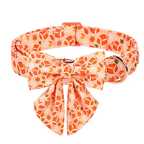Fall Football Dog Collar with Lady Tie - Cute Orange Fall Dog Collars, Adjustable Cotton Metal Buckle Bowtie Collar for Small Medium Large Boy Girl Dogs XS - color: T-Fall Football, size: XS