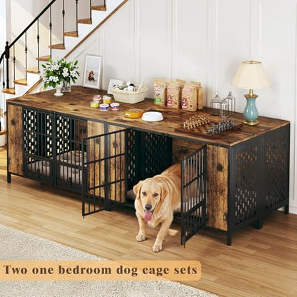 Dog Kennel Large Dogs Furniture with Hook, Heavy Duty Dog Crate Indoor for Extra Large Dogs, Escape-Proof and Chew-Proof Dog Cage for high Anxiety Dog, Rustic Brown Cage as TV Stand - size: 47.3"L x 31.5"W x 32.3"H