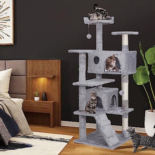 Nova Microdermabrasion 54 in Cat Tree Tower for Indoor Cats Multi-Level Cat Condo Cat Bed Furniture with Scratching Post Kittens Activity Center - color: Light Grey