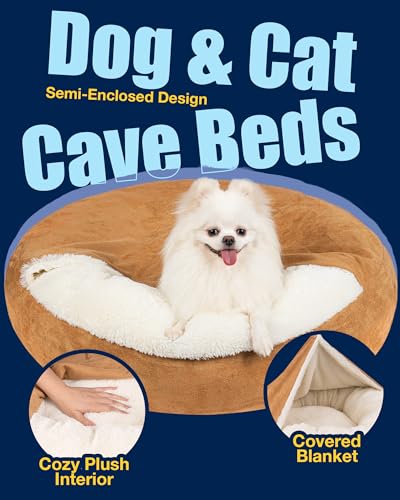 Pet Soft Small Dog Bed Cat Bed with Cover Cave - Round Calming Dog Beds Washable Cuddler Puppy Beds for Small, Medium Dogs and Cats (Khaki, 30") - color: Khaki, size: Large (30"x30"x8")