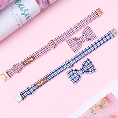 Tunkoo Dog Collar with Bow Tie Elegant Plaid Soft Comfy Cotton Adjustable Collar Premium Metal Buckle,Small Medium Large Puppy Cat Outdoor Training Walking Running（Bule Grid，M） - color: Bule Plaid Collar, size: Medium