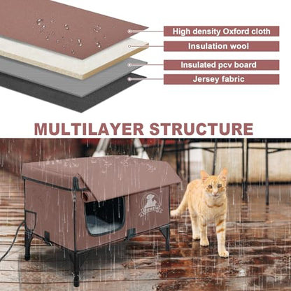Heated Cat Houses for Outside Cats,Elevated Base Cat-Attracting Eave Design,Feral Stray Shelter Waterproof in Winter Garage Yard Porch,Cat Heated House for Indoor Outdoor(21" x 13" x 17")